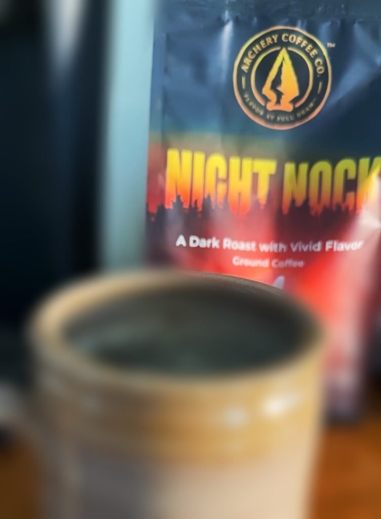 night nock dark roast archery coffee in mug